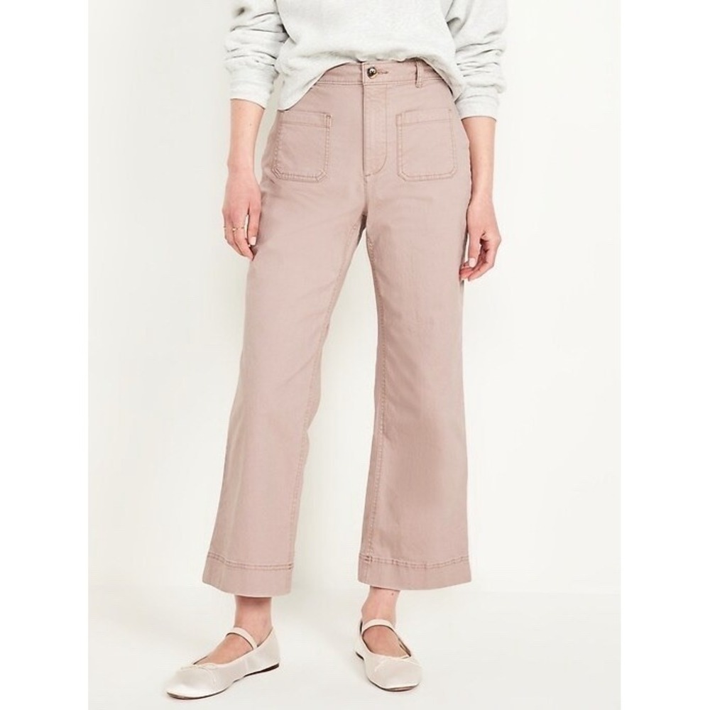 Old Navy High Waisted Crop Chino Wide Leg Tan Pink Khaki Pocket Pants Womens 12